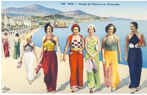 Colorized-early-30s-postcard-of-fashionable-beach-pyjama-wearing-holiday-ers-on-the-Cote-DAzure-2